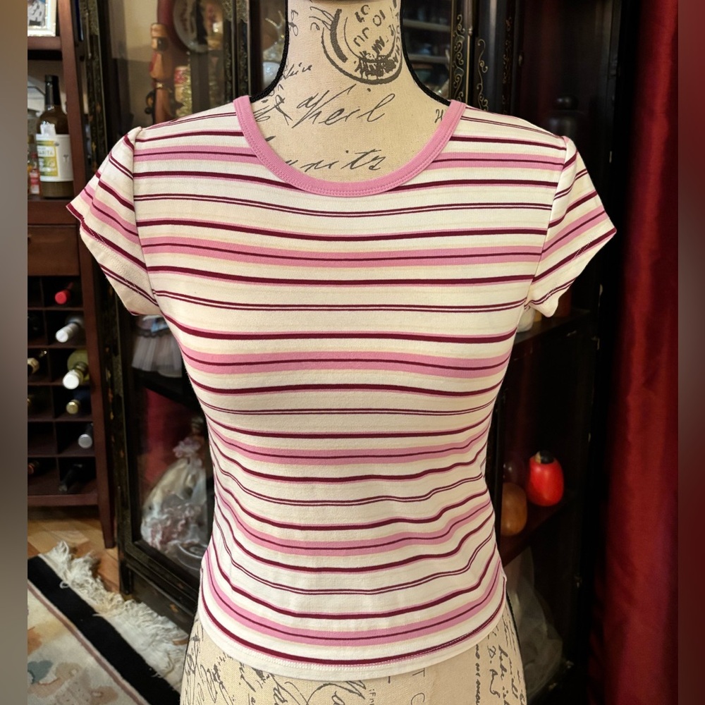 Forever 21 Striped Pink and White Fitted Crop Top